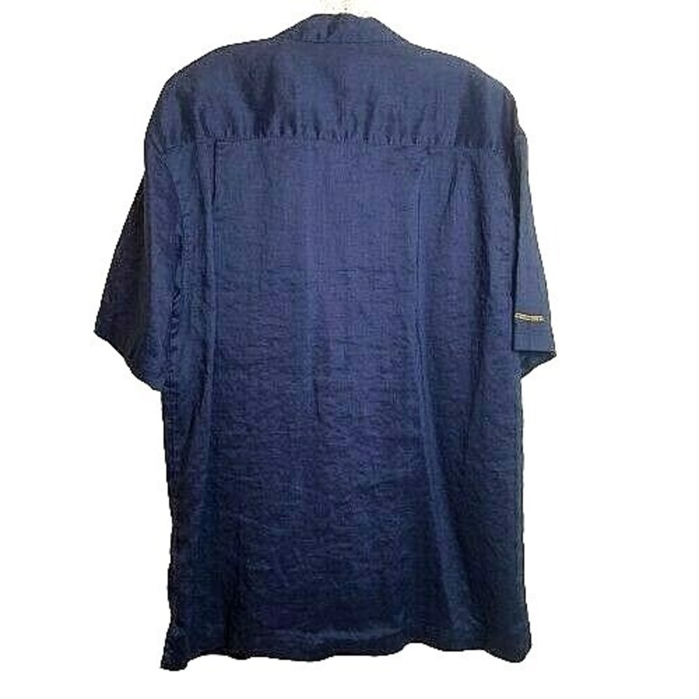 Stacy Adams Mens Button Camp Shirt LARGE Blue Ramie Short Sleeve Pocket Casual - Picture 2 of 6